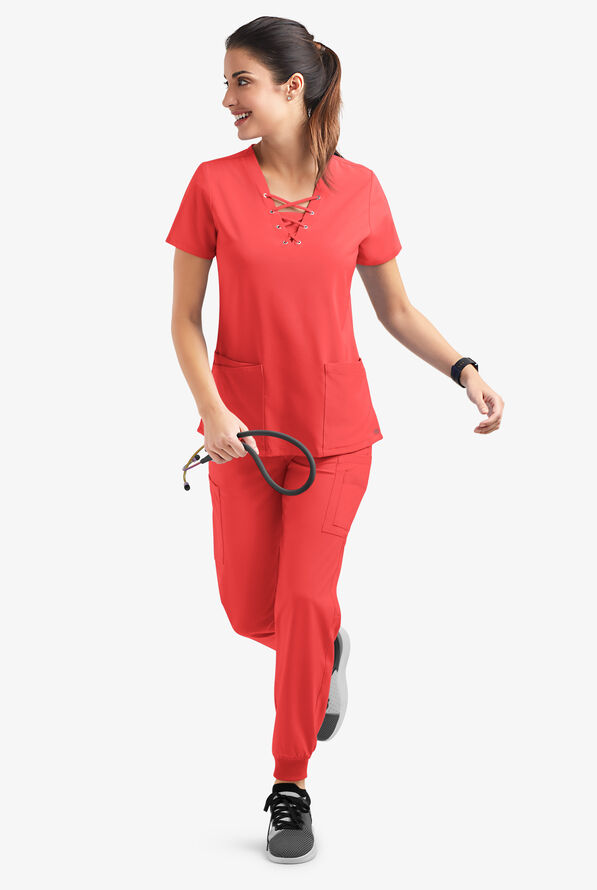 Blusa m&eacute;dica Easy STRETCH Gisele con cordones en el cuello en V y 4 bolsillos para mujer - Radiant Red - 6