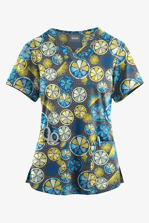 Butter-Soft Originals Citrus Slice Pewter Women's 4-Pocket Rounded V-Neck Print Scrub Top - null - 1