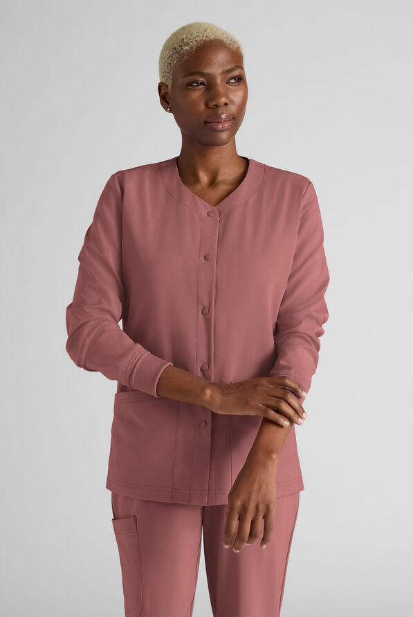 Easy STRETCH Rachel Women's 3-Pocket Snap Front Scrub Jacket - Soft Chestnut - 1