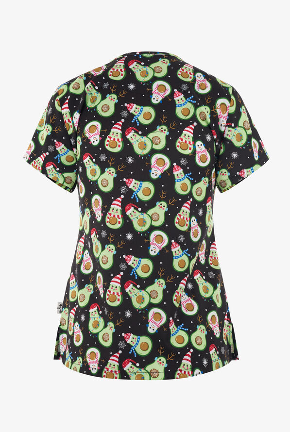  Zavate Ava Therese Jolly Avocado Snowmen  Women's 2-Pocket STRETCH V-Neck Print Scrub Top - null - 2
