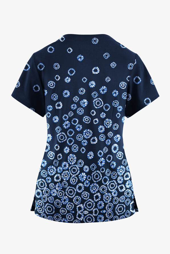 Butter-Soft Originals Jakarta Border Navy Women's 2-Pocket Scallop Neck Print Scrub Top - null - 2