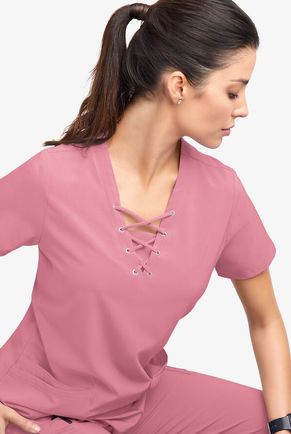 Easy STRETCH Gisele Women's 4-Pocket Lace Up V-Neck Scrub Top - Cashmere Rose - 5