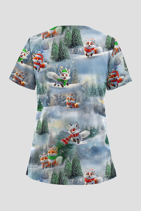 Butter-soft STRETCH Foxy Winter Women's 2-Pocket V-Neck Print Scrub Top - null - 2