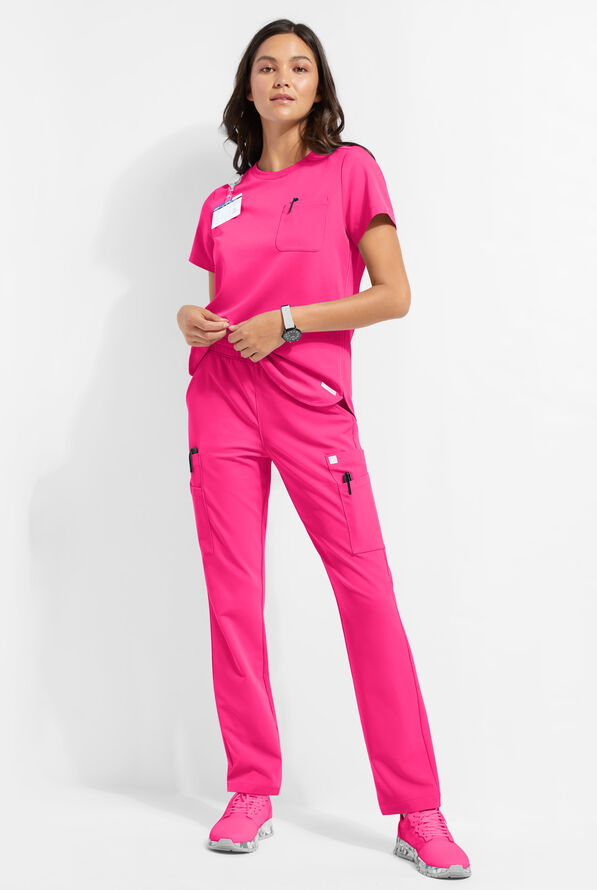 ReSurge Citrine Women's 1-Pocket Crew Neck Tuck In / Wear Out Scrub Top - Reactive Pink - 4