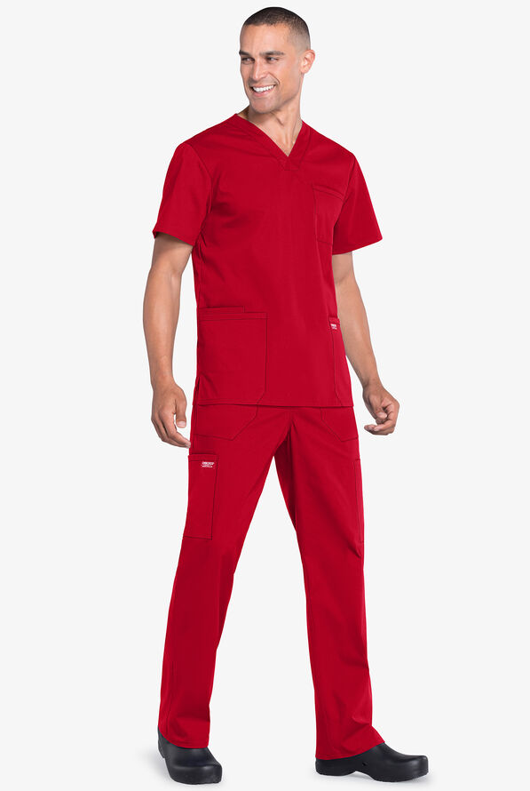 Cherokee Workwear Professionals Men's 4-Pocket STRETCH V-Neck Scrub Top - Red - 2