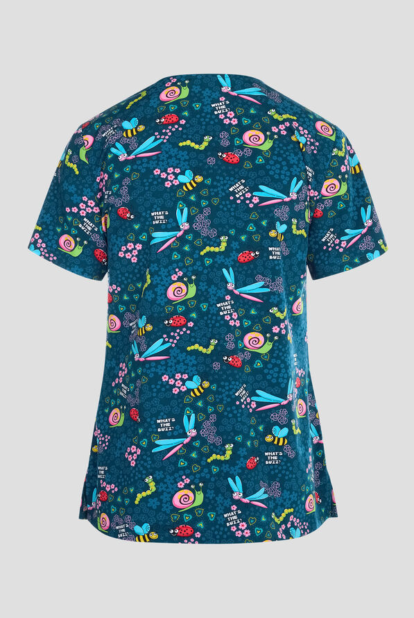 Cherokee What's The Buzz Women's 2-Pocket STRETCH V-Neck Print Scrub Top - null - 2