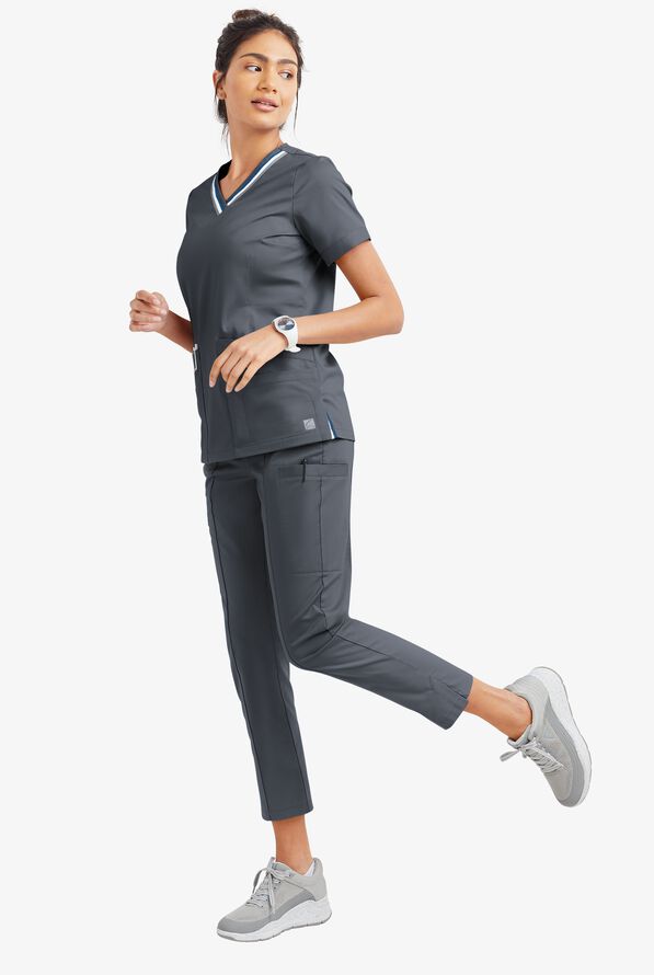 Butter-Soft STRETCH Women's 6-Pocket Pin-Tuck Crop Slim with Sport Trim Detail Scrub Pants - Pewter/Silver Melange - 5