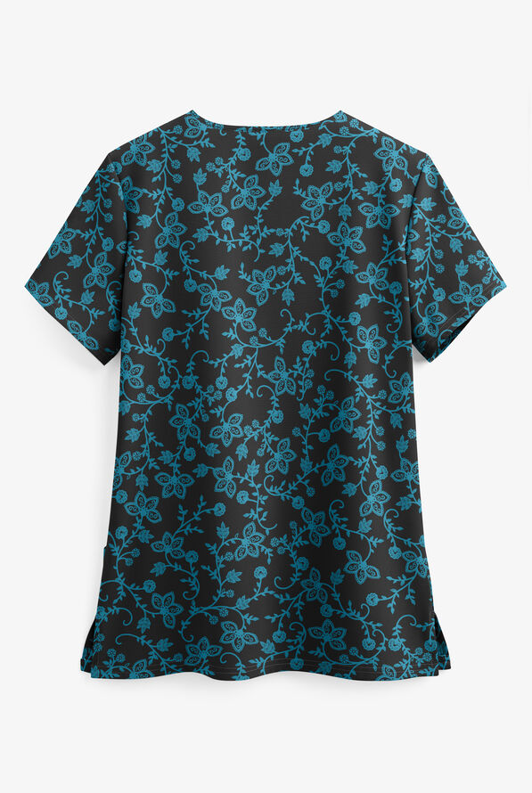 Butter-Soft STRETCH Black Floral Vines Women's 2-Pocket V-Neck Print Scrub Top - null - 2