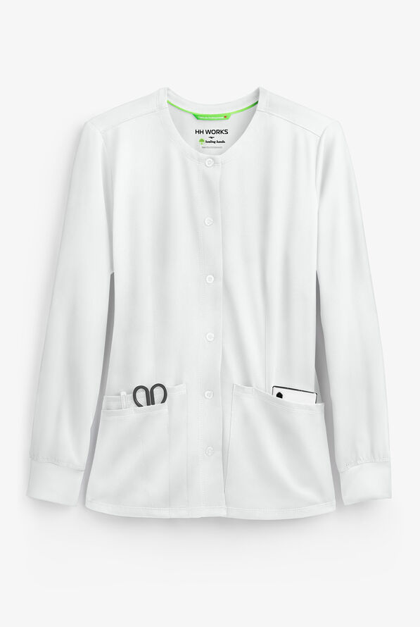 HH Works by Healing Hands Megan Women's 4-Pocket STRETCH Round Neck Warm-Up Scrub Jacket - White - 1