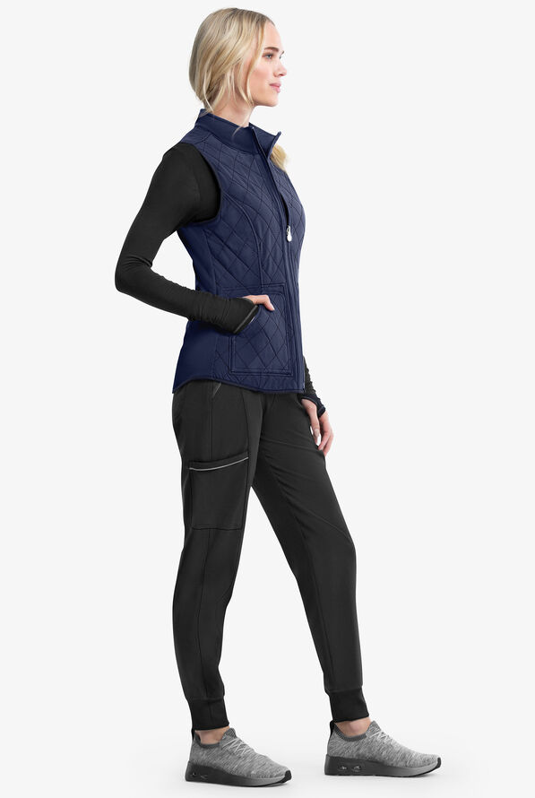 Cherokee Infinity Women's 4-Pocket STRETCH Reversible Quilted Scrub Vest - Heather Navy/Navy - 2