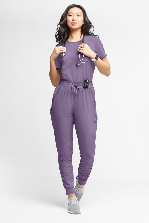 WhisperLite Calla Women's 6-Pocket Ruched Leg Cargo Scrub Pants - Purple Dusk - 2