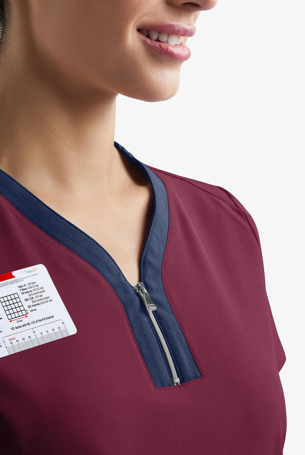 Easy STRETCH Lily Women's 4-Pocket Zip Neck Henley Scrub Top - Wine/Navy - 6