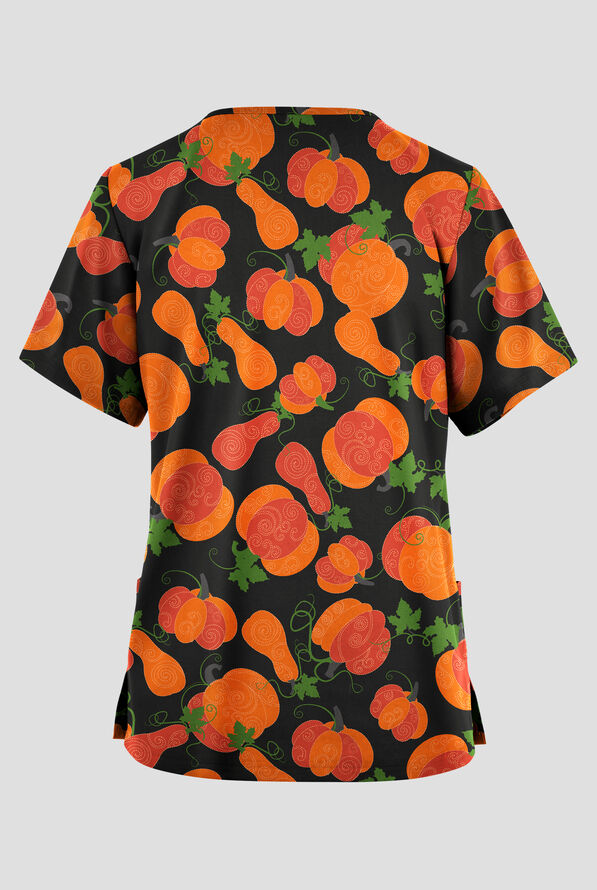 Butter-Soft Originals Deco Pumpkins Women's 2-Pocket V-Neck Print Scrub Top - null - 2