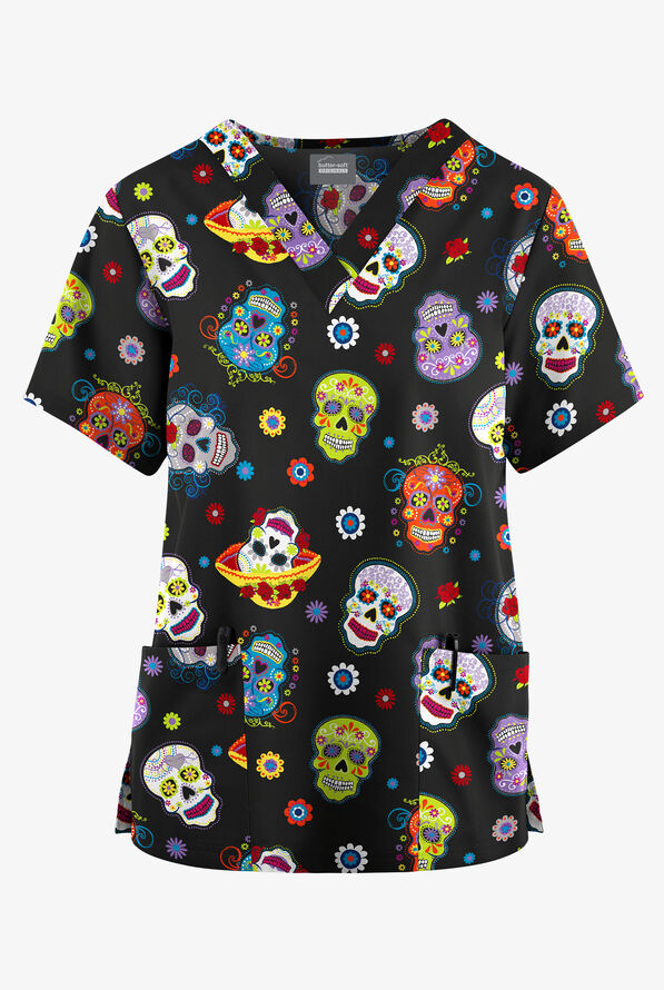 Butter-Soft Originals Festive Calavera Black Women's 2-Pocket Classic Fit V-Neck Print Scrub Top - null - 1