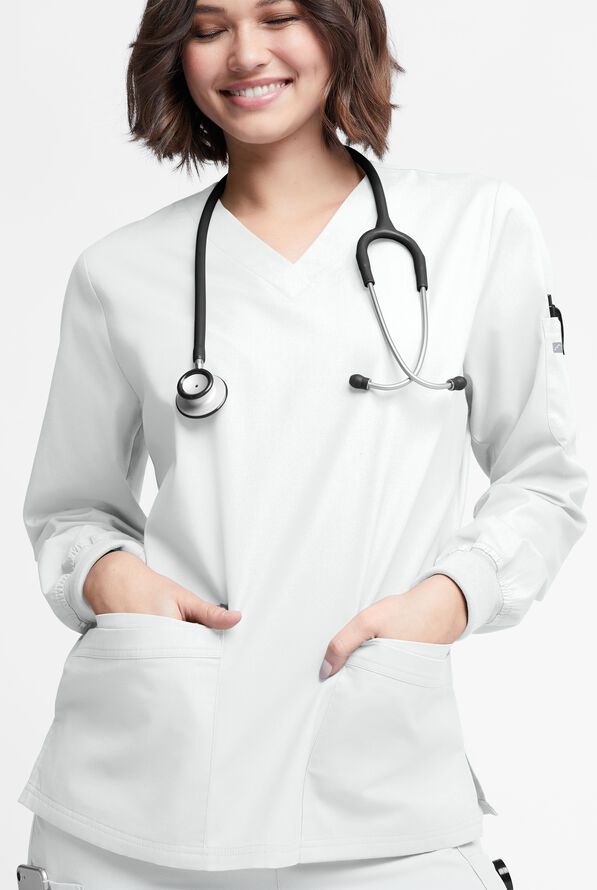 Blusa médica manga larga Butter-Soft Originals con cuello en V curvo y 7 bolsillos para mujer - White - 2