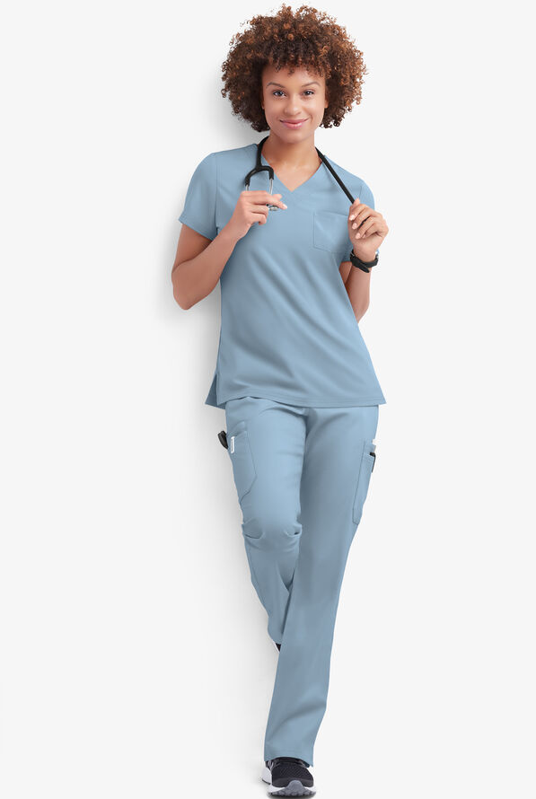 Butter-Soft STRETCH Women's 9-Pocket Drawstring with Back Elastic Scrub Pants - Tall - Ash Blue - 4