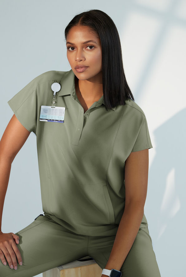 Easy STRETCH LEA Women's 3-Pocket Polo Collar Scrub Top - Caribbean Blue - 6