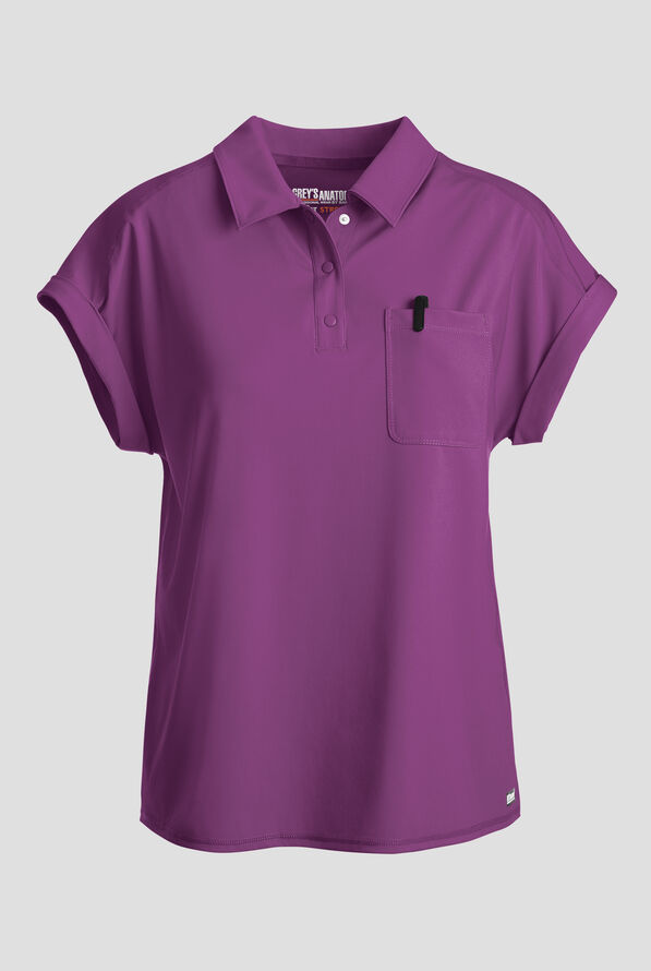 Blusa médica tipo polo Grey's Anatomy by Barco Spandex Knit Renew STRETCH con botón a presión y 1 bolsillo para mujer - Imperial Violet - 1