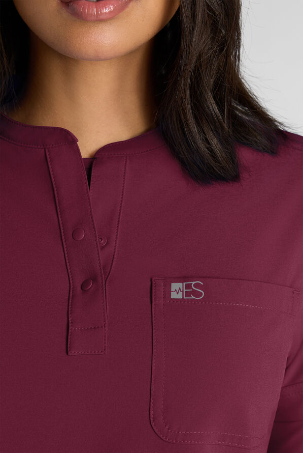 Easy STRETCH Bella Women's 1-Pocket Henley Scrub Top - Wine - 4