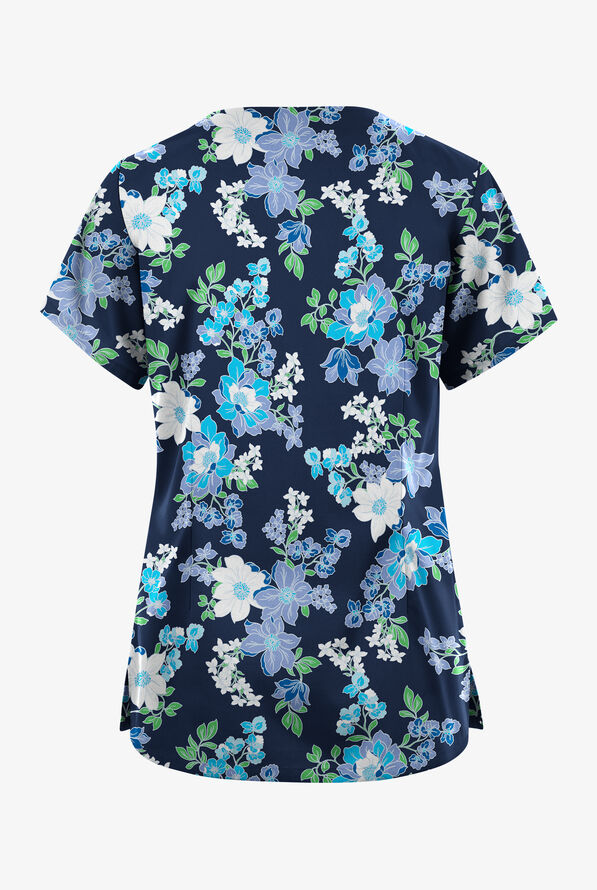 Butter-Soft Originals Florentine Floral Navy Women's 6-Pocket Scallop Neck Print Scrub Top - null - 2