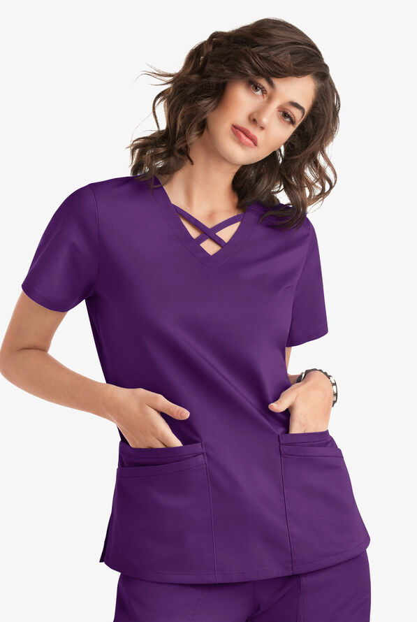 Blusa m&eacute;dica UA Butter-Soft STRETCH con lazos entrecruzados y 4 bolsillos para mujer - Eggplant - 5