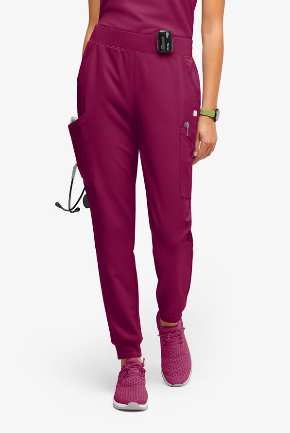 ReSurge Amber Women's Modern 7-Pocket Flat Front Slim Leg Jogger Scrub Pants - Petite - Wine - 1