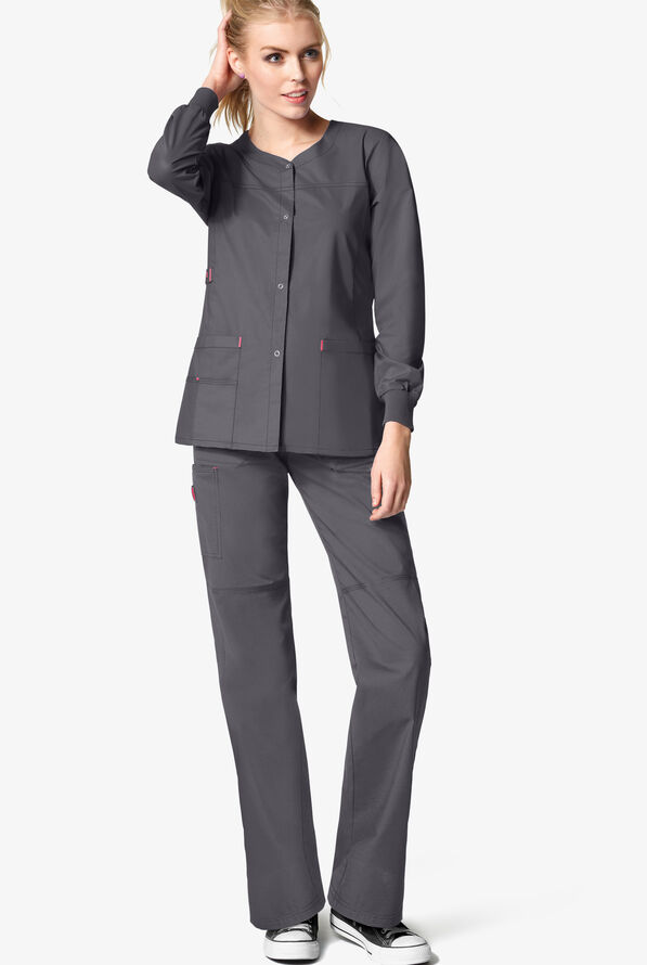 WonderWink WonderFLEX Constance Women's 4-Pocket STRETCH Cotton Rich Snap Front Scrub Jacket - Pewter/Papaya - 2
