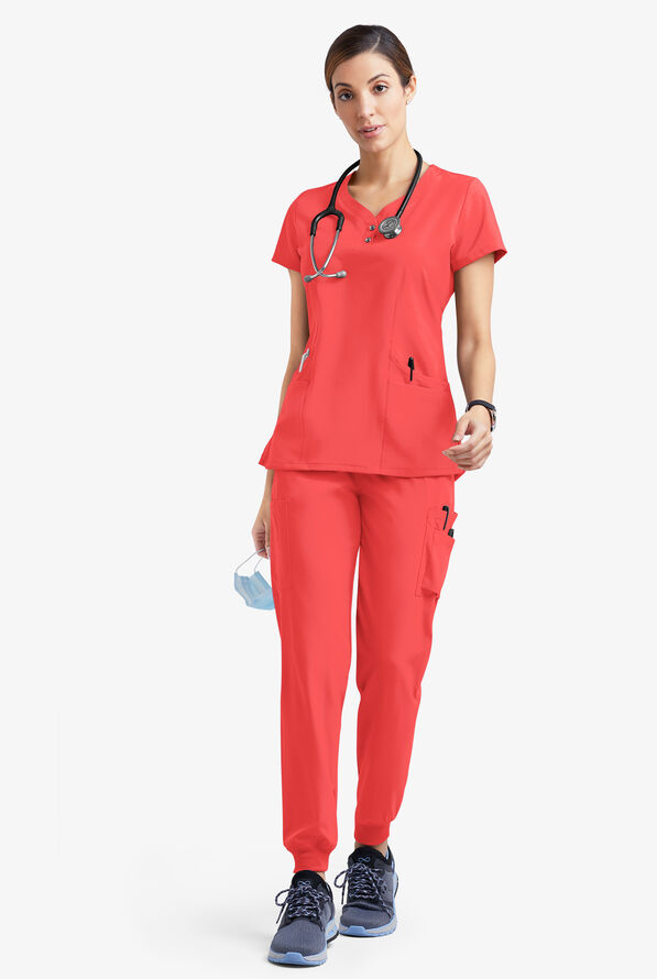 Easy STRETCH Demi Women's 4-Pocket Henley Scrub Top - Radiant Red - 2