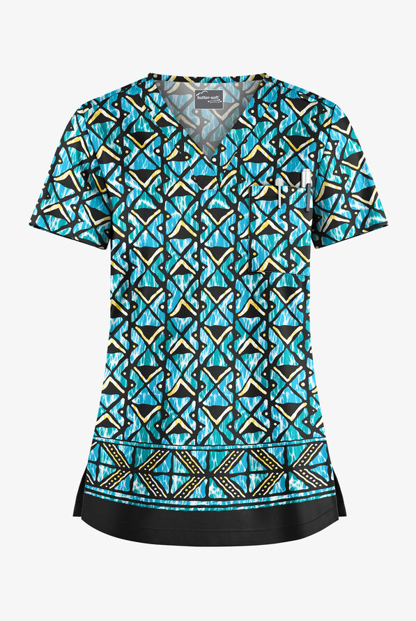 Butter-Soft STRETCH Day Dance Black Printed Women's 1-Pocket V-Neck Scrub Top - null - 1