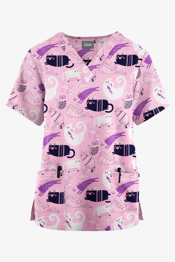 Butter-Soft Originals Playful Kittens Blush Women's 2-Pocket Classic Fit V-Neck Print Scrub Top - null - 1