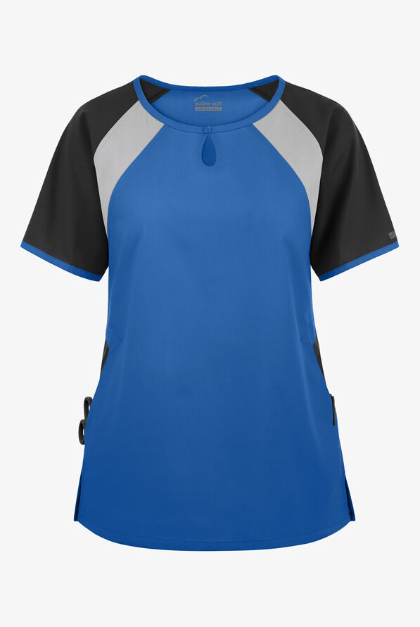 Blusa médica Butter-Soft Originals Tri-Colorblock con cuello ojo de cerradura y 3 bolsillos para mujer - Royal/Black/Silver - 1