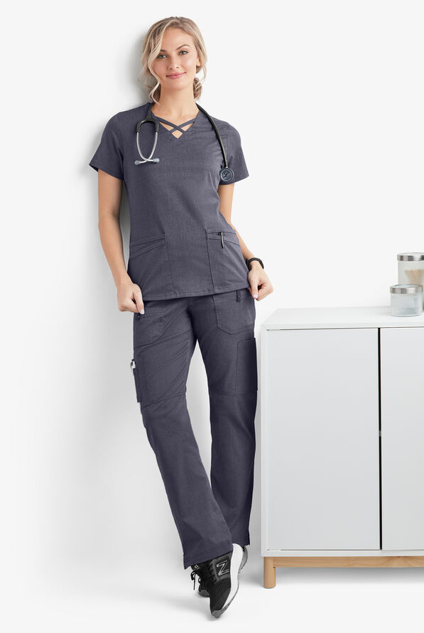 Blusa m&eacute;dica UA Butter-Soft STRETCH con lazos entrecruzados y 4 bolsillos para mujer - Indigo Denim - 6