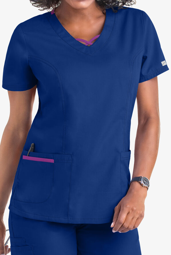 Butter-Soft Core Women's 3-Pocket Crisscross Contrast V-Neck Scrub Top - Galaxy/Berry Burst - 2