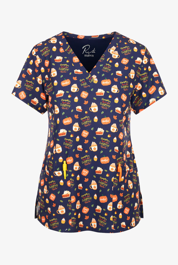 Maevn Hello Pumpkin! Women's 3-Pocket STRETCH V-Neck Print Scrub Top ...