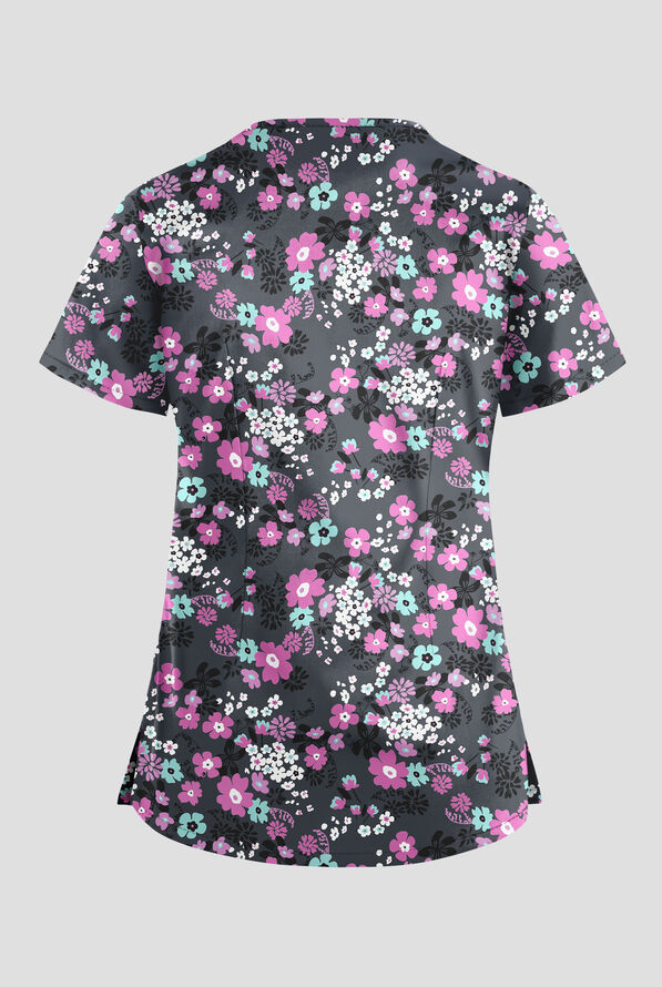 Strictly Scrubs STRETCH Whispering Floral Rosebud Women's 4-Pocket Crisscross Print Scrub Top - null - 2