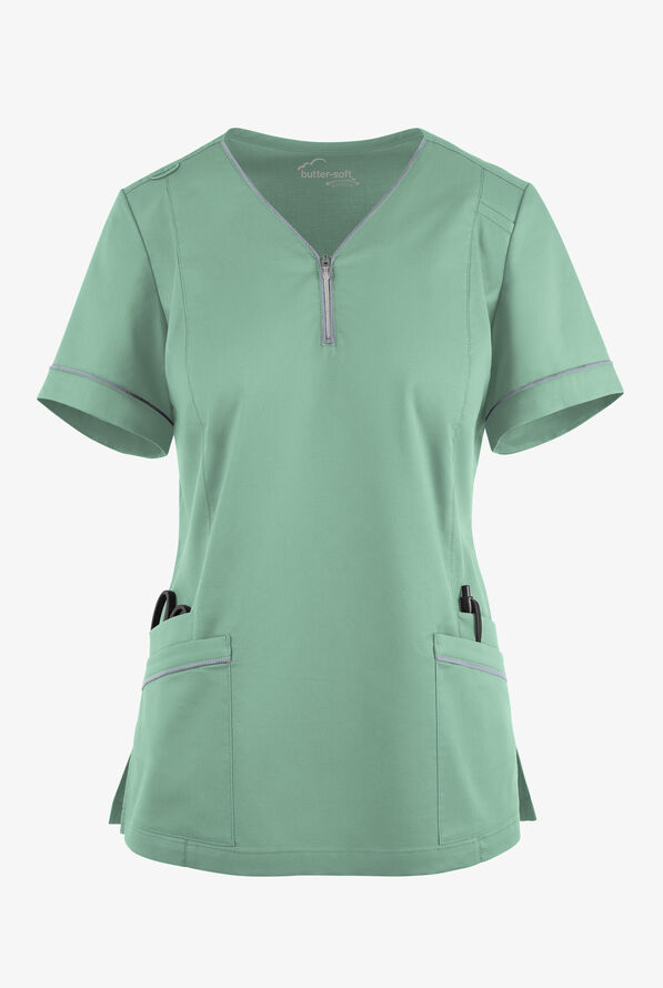 Butter-Soft STRETCH Women's 5-Pocket V-Neck with Front Zipper Scrub Top - Water Mint/Silver - 1