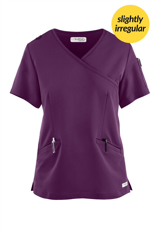 Butter-Soft Women's 5-Pockets Faux Wrap Scrub Top **Slightly IRREGULAR** - Eggplant - 1