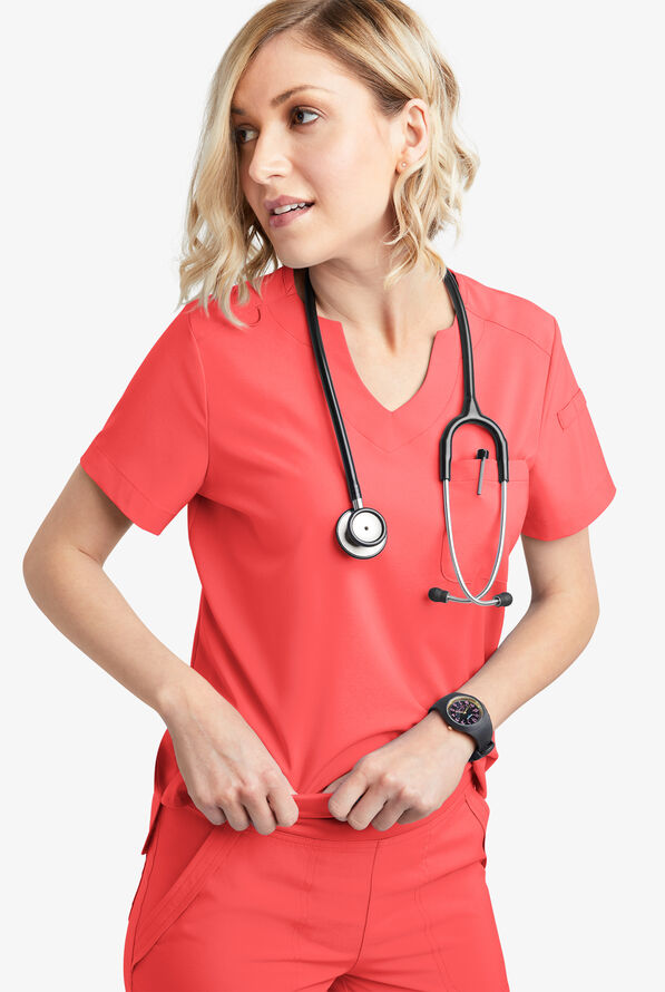 Easy STRETCH Nikki Women's 1-Pocket Scallop Neck Tuck-In Scrub Top - Radiant Red - 6