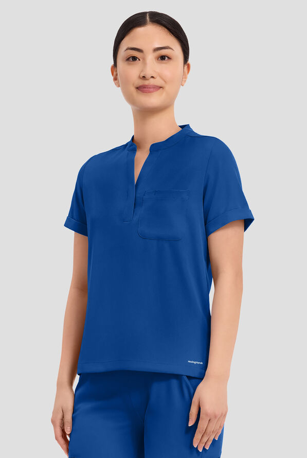 HH Works by Healing Hands Macy Women's 1-Pocket STRETCH Mandarin Collar Tuck In Scrub Top - Royal - 2