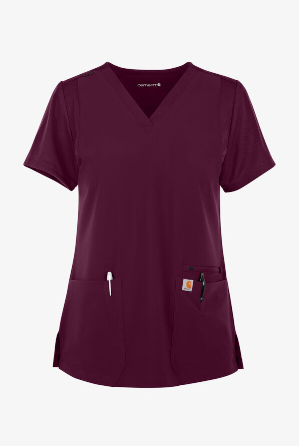 Carhartt Cross-Flex Force Women's 3-Pocket STRETCH Knit Panel Scrub Top - Wine - 1