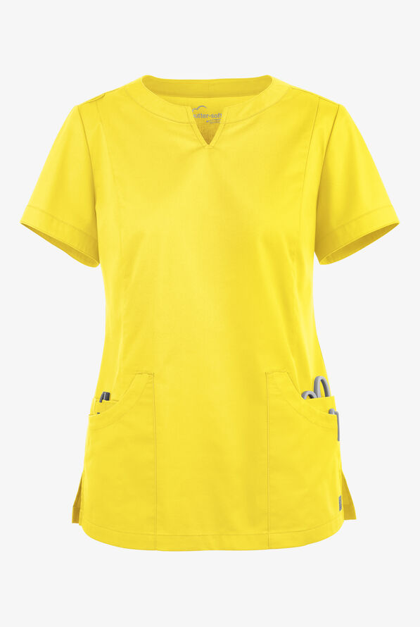 Butter-Soft STRETCH Women's 4-Pocket Notch Neck Scrub Top - Bright Daffodil - 1