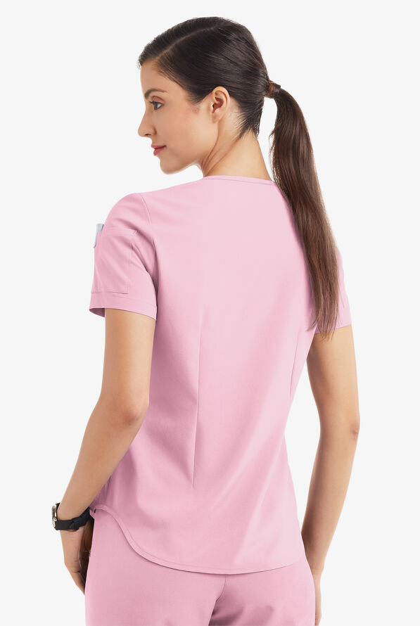 Easy STRETCH Chloe Women's 3-Pocket V-Neck Tuck-In Scrub Top - Pink Peony - 4