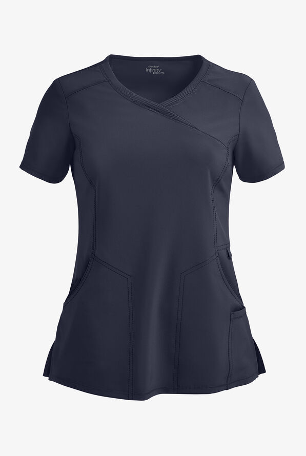 Infinity Women's 4-Pocket STRETCH Mock Wrap Scrub Top - Navy - 1