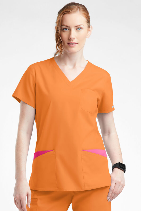 Butter-Soft Originals Women's 7-Pocket Curved V-Neck Scrub Top - Apricot Crush/Fuchsia - 2