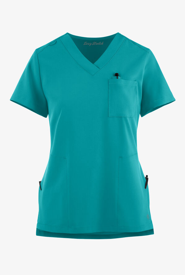 Easy STRETCH Taylor Women's 3-Pocket High Low Hem V-Neck Scrub Top - Teal - 6