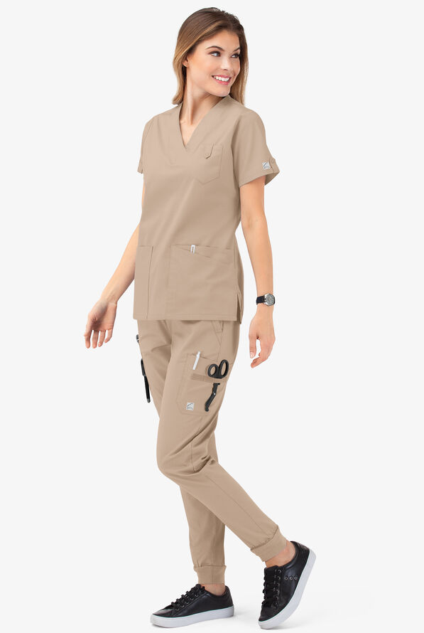Butter-Soft STRETCH Women's 6-Pocket V-Neck Scrub Top - Iced Latte - 7