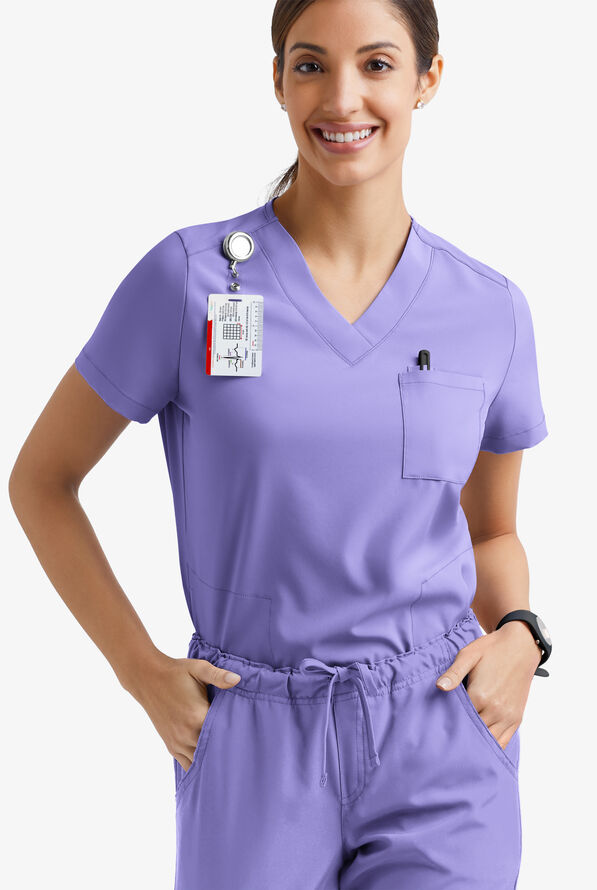 Easy STRETCH Taylor Women's 3-Pocket High Low Hem V-Neck Scrub Top - Blueberry Crush - 1