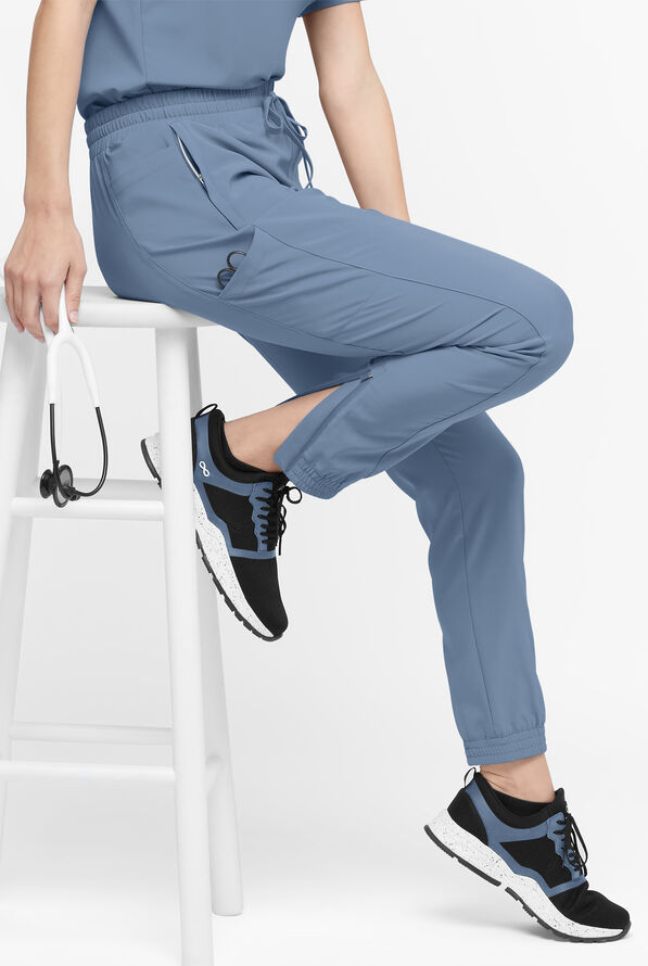Easy STRETCH Kourtney Women's 5 Pocket Modern Slim Leg Jogger Scrub Pants - Petite - Indigo Batik - 1