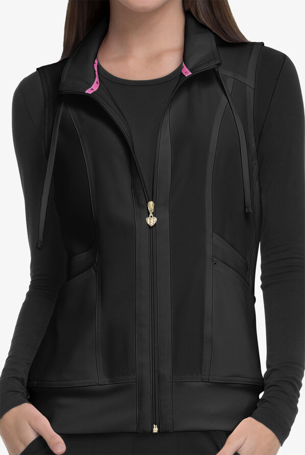 heartsoul Break On Through Women's 4-Pocket STRETCH With Removable Hoodie Scrub Vest - Black - 2