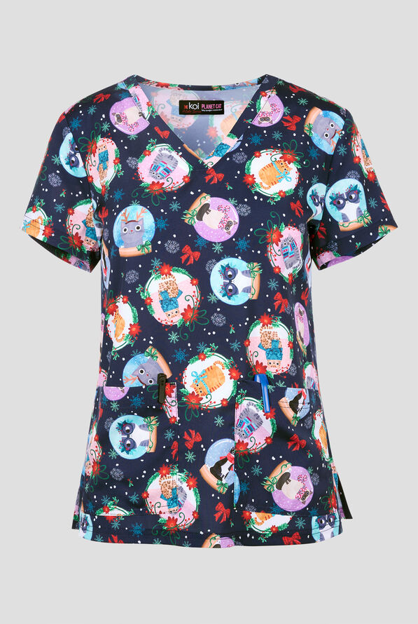 Blusa médica estampada koi Basics Holiday Cats STRETCH con cuello en V y 2 bolsillos para mujer - null - 1